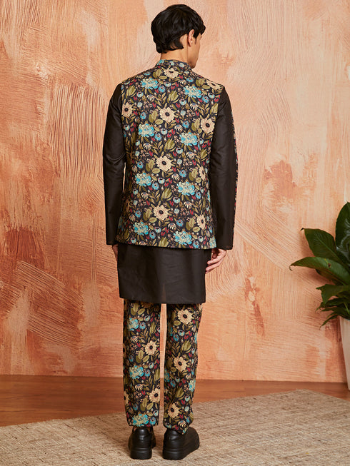 Men's Black Cotton Jacket Kurta And Pyjama Set
